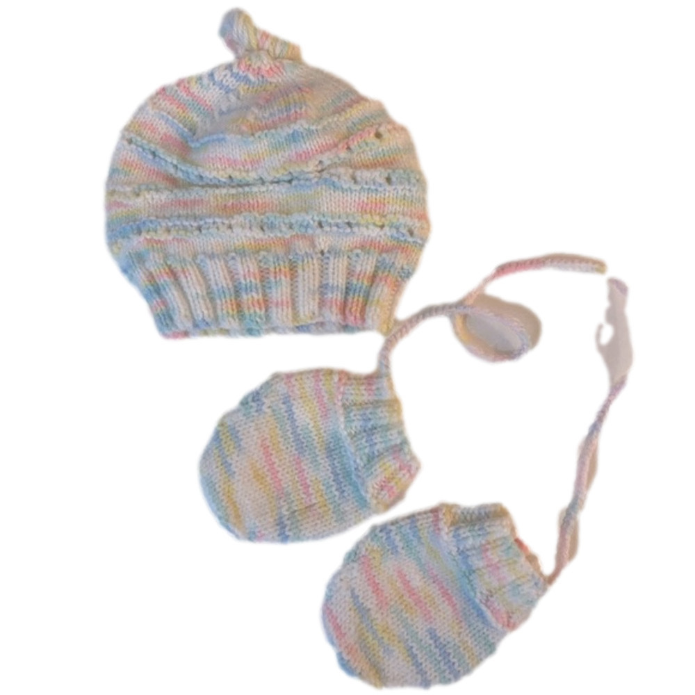 Baby Unisex Hand Knit Hat and Mittens Set, 0-3 Months, Pastel Rainbow